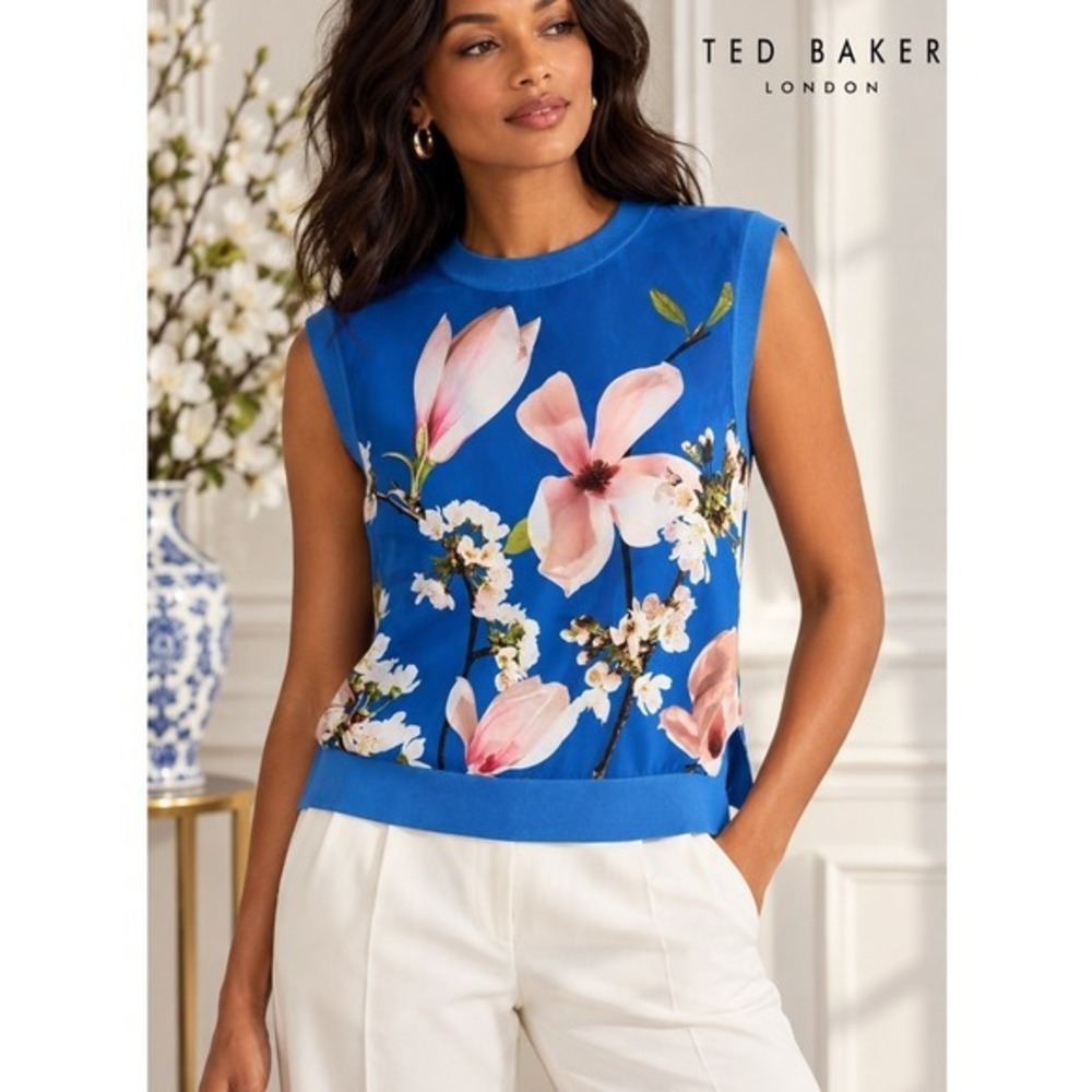 Ted Baker London Floral Mixed Media Sleeveless Top Size 3 US 8 Blue Magnolia